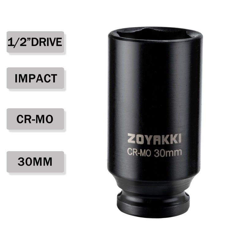 ZOYAKKI 1/2 "" Drive x 30 mm Deep 6 PT Impact Socket  CR-MO  1/2-inch Drive 6 Point Axle Nut Socket for Easy Removal of Axle Shaft Nuts (30MM) - Image 3